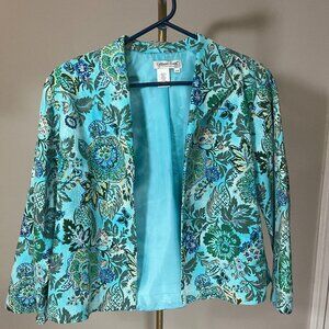 Coldwater Creek Floral Linen Blend Jacket Turquoise Blue Women’s Medium PM